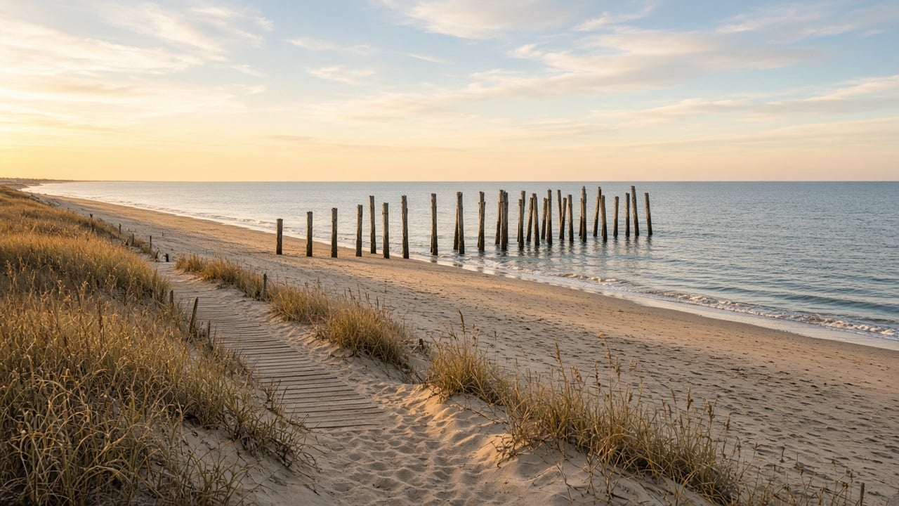 Weathered wooden pier pilings stretching into a calm ocean beside an empty sandy beach, with sea oats on low dunes and a wooden beach access path in soft autumn evening light on the North Carolina coast