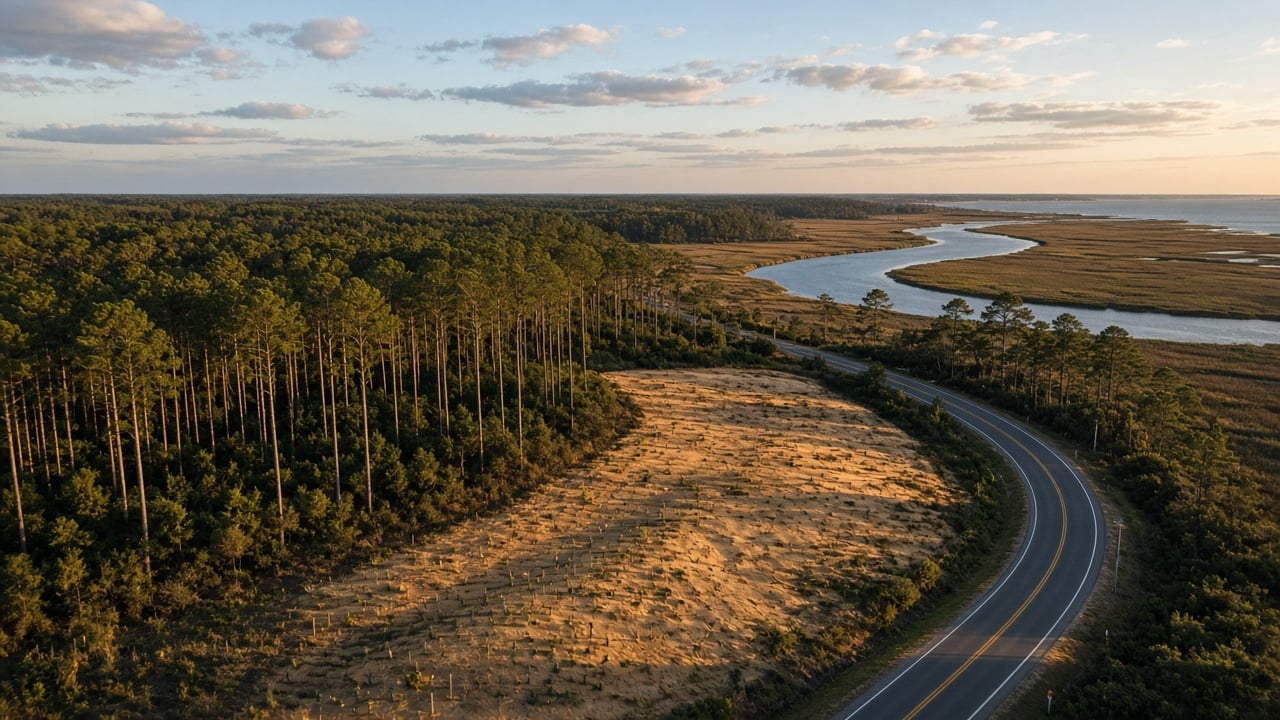 Aerial view of a two-lane coastal highway curving past longleaf pine woods and a cleared, staked field, with a winding tidal river and salt marsh in the distance at golden hour in southern Brunswick County