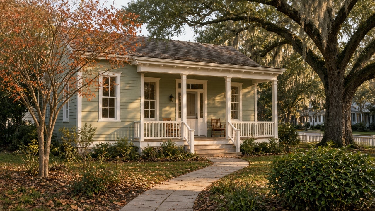 A renovated sage green one-story cottage with white trim and a front porch with two wooden chairs, framed by a moss-draped live oak and an autumn crepe myrtle on a quiet in-town street