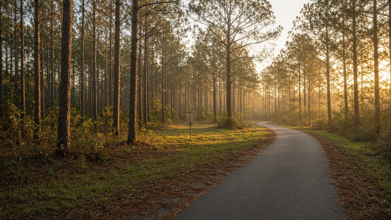 Paved multi-use trail winding through tall loblolly pines at golden hour, with a disc golf basket in a grassy clearing in a coastal North Carolina park