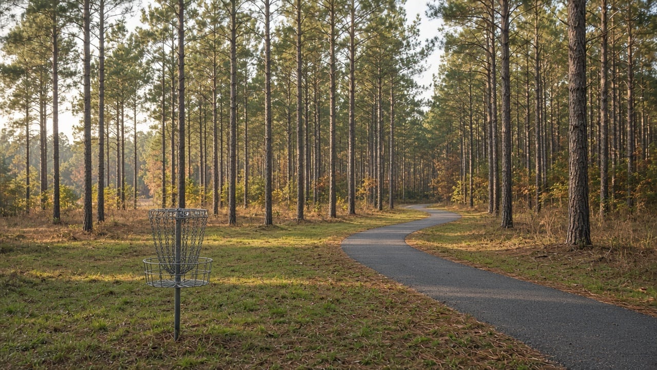 Disc golf basket on a sunlit grassy clearing beside a winding paved trail through tall loblolly pines in a coastal North Carolina park