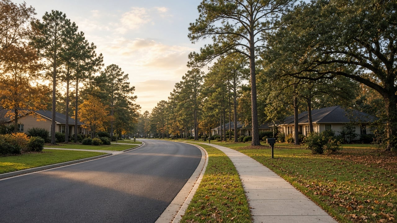 Quiet tree-lined residential street in coastal North Carolina at golden hour, with freshly paved asphalt, new curbs and a concrete sidewalk curving past lawns and single-story homes beneath tall pines and live oaks