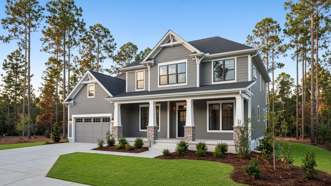 A newly built two-story craftsman-style home with gray siding, white trim, stone-based porch columns, and an attached garage on a freshly sodded lot with young shrubs, surrounded by tall pine trees under a clear evening sky