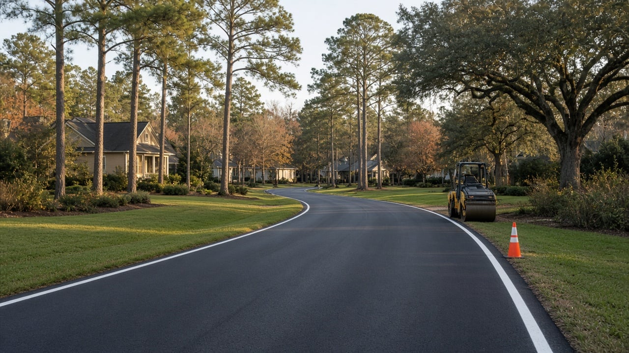 Freshly repaved curving residential street with new white edge lines, tall pines and live oaks, green lawns, and homes in the distance, with a small road roller and an orange cone at the curb in late afternoon light