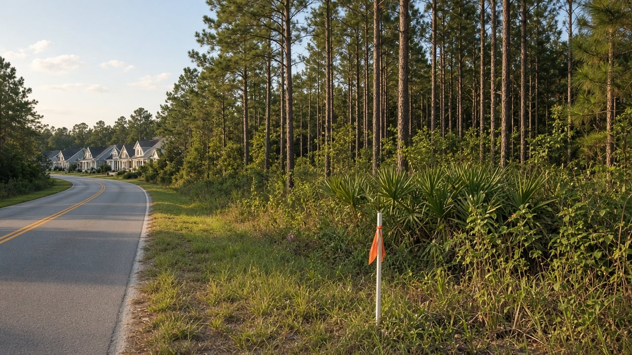 Undeveloped wooded parcel of tall longleaf pines and palmetto undergrowth beside a curving two-lane road in a coastal North Carolina suburb, with a row of newer homes in the distance and a white survey stake with orange flagging in the grassy shoulder