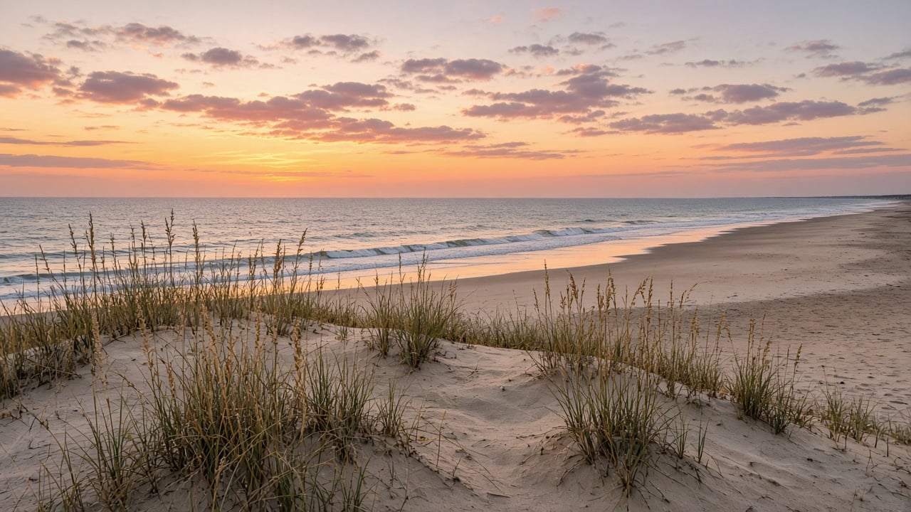 Wide, quiet beach at sunset with sea oats on low sand dunes in the foreground and gentle waves under a soft orange and pink sky