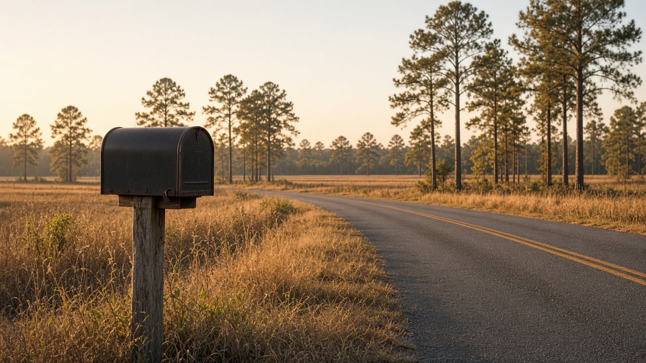 Weathered rural mailbox on a wooden post beside a quiet country road lined with dry grass and tall longleaf pines in golden autumn light