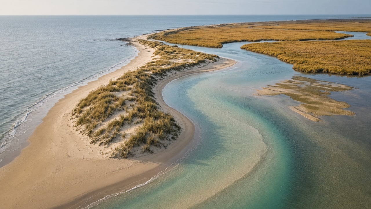 Aerial view of a curving coastal inlet with turquoise shallow water and sandbars beside a barrier island tip covered in dune grass, with golden salt marsh in the background