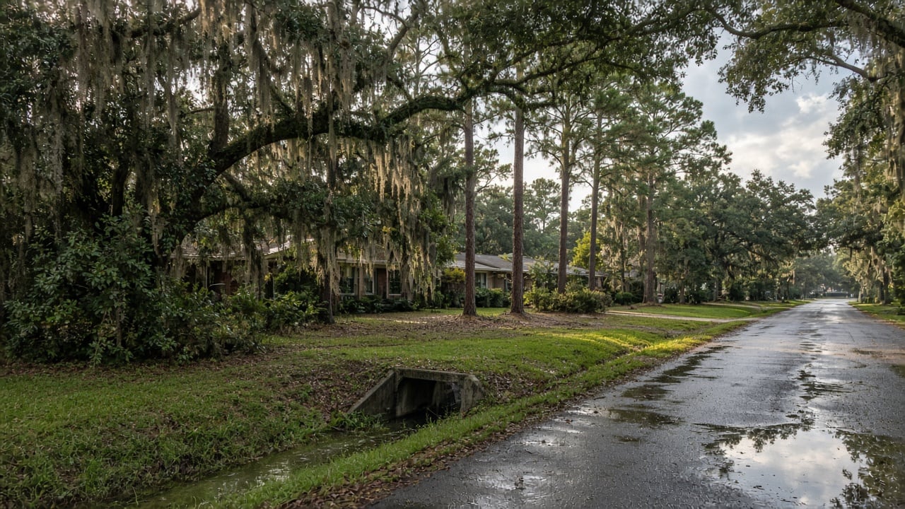 Quiet tree-lined residential street in coastal North Carolina after rain, with wet pavement and puddles, a grassy drainage swale and concrete culvert, and live oaks draped in Spanish moss in front of low ranch homes