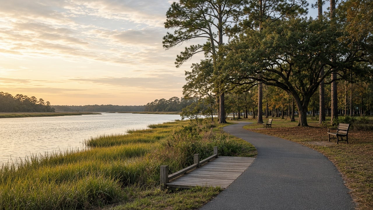 A paved multiuse path with a small wooden boardwalk curving beside a calm tidal river lined with marsh grass, live oaks, pines, and park benches at golden hour in coastal North Carolina