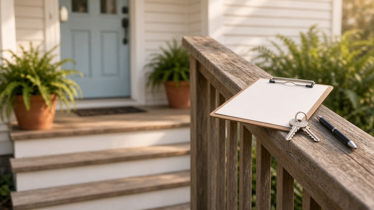Wooden porch steps leading to the front door of a coastal-style home with a clipboard, house keys, and a pen resting on the porch railing in soft morning light