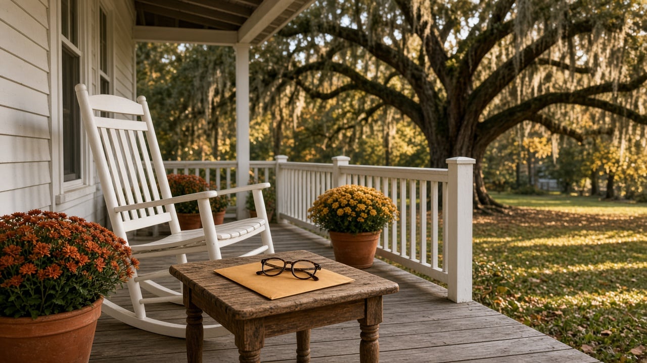 A white rocking chair and potted autumn mums on a coastal Carolina cottage porch, with a manila envelope and reading glasses on a wooden side table and a moss-draped live oak in the yard