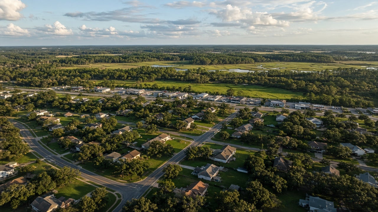 Aerial view of a tree-lined residential neighborhood with live oaks beside a commercial corridor, with marsh wetlands and pine forest in the distance in coastal New Hanover County, North Carolina
