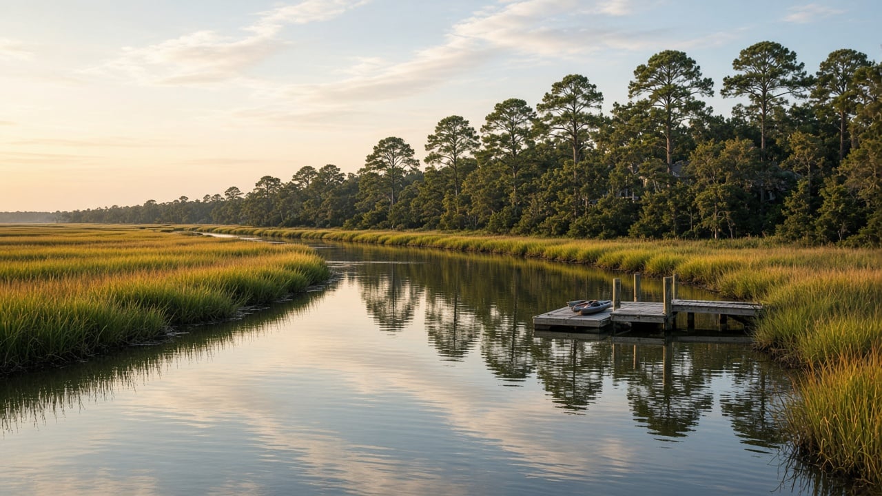 A quiet tidal creek winding through golden salt marsh grass at sunset, with a small wooden dock and kayak platform and tall pines lining the far bank in coastal New Hanover County, North Carolina