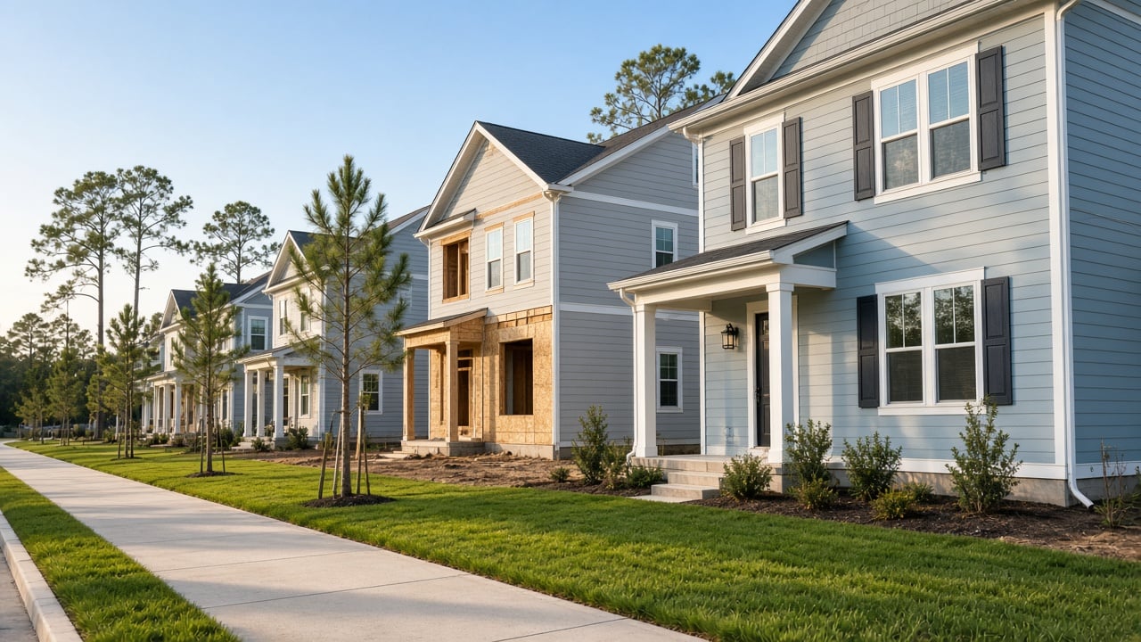 Row of newly built two-story townhomes with light gray and blue siding, young pine trees, and a fresh lawn along a sidewalk in warm afternoon light, with one home still under construction
