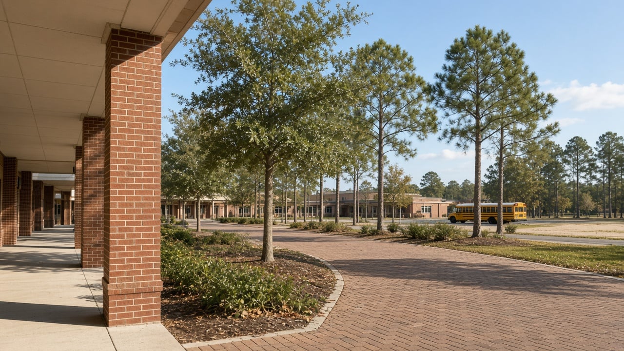 Sunny autumn morning at a brick elementary school campus in coastal North Carolina, with a covered brick breezeway, a curving paver walkway lined with young live oaks and tall pines, and a yellow school bus parked in the distance