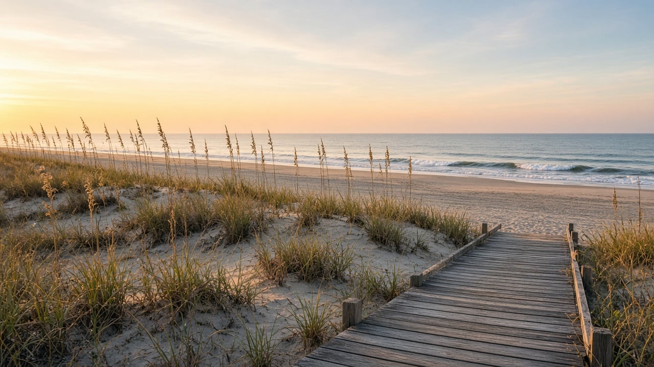 Weathered wooden beach access boardwalk crossing low sand dunes with sea oats toward a quiet south-facing North Carolina beach at golden hour in autumn