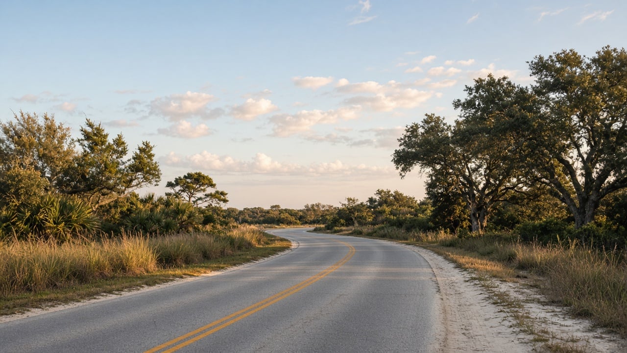 Quiet two-lane coastal road curving past windswept live oaks, palmettos, and golden sea grass under a soft late-afternoon sky on a barrier island