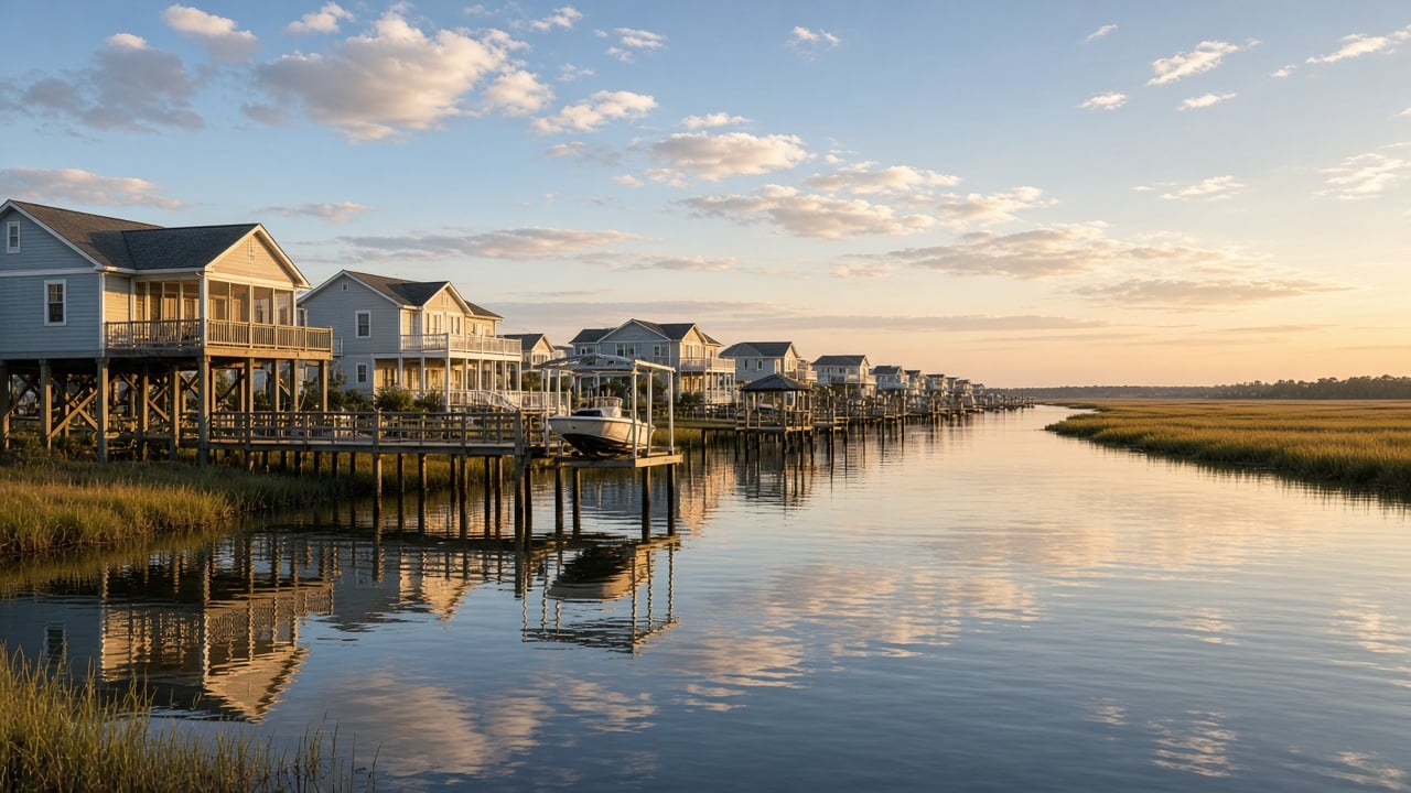 Raised coastal beach houses on pilings with private wooden docks and a boat lift along a calm canal lined with marsh grass at golden hour