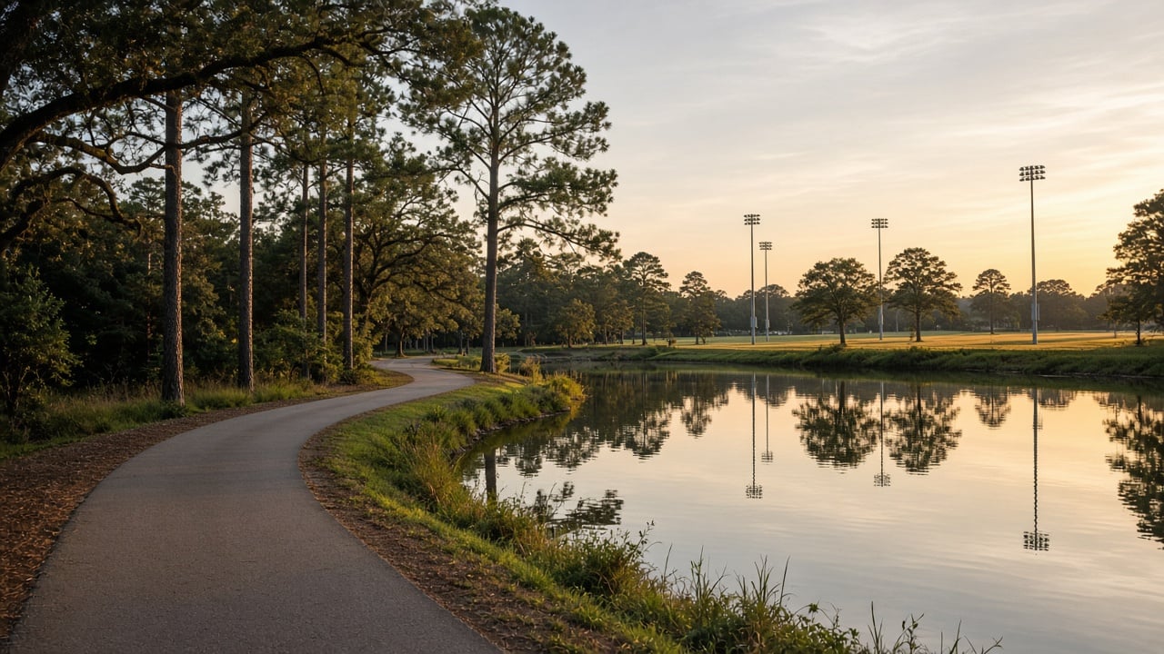 Paved walking trail curving around a calm pond with lighted athletic fields and tall pines in a suburban coastal North Carolina park at golden hour