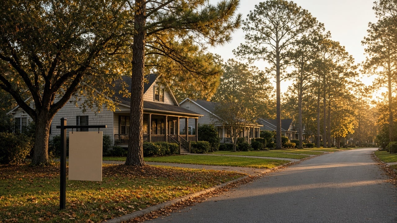Quiet Pender County, NC neighborhood street at sunset in fall, with porch homes, pine trees and a blank yard sign
