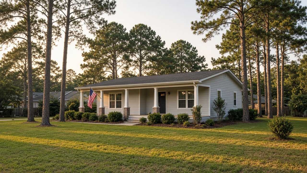 A single-story gray coastal North Carolina home with a covered front porch and an American flag, surrounded by tall longleaf pines and a green lawn in golden late-afternoon light