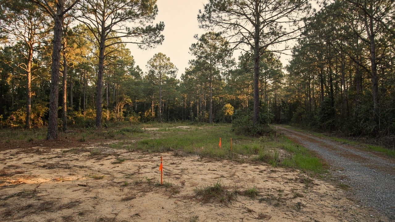 Cleared sandy homesite with orange survey stakes beside a gravel path, surrounded by tall pine trees at golden hour in rural coastal North Carolina
