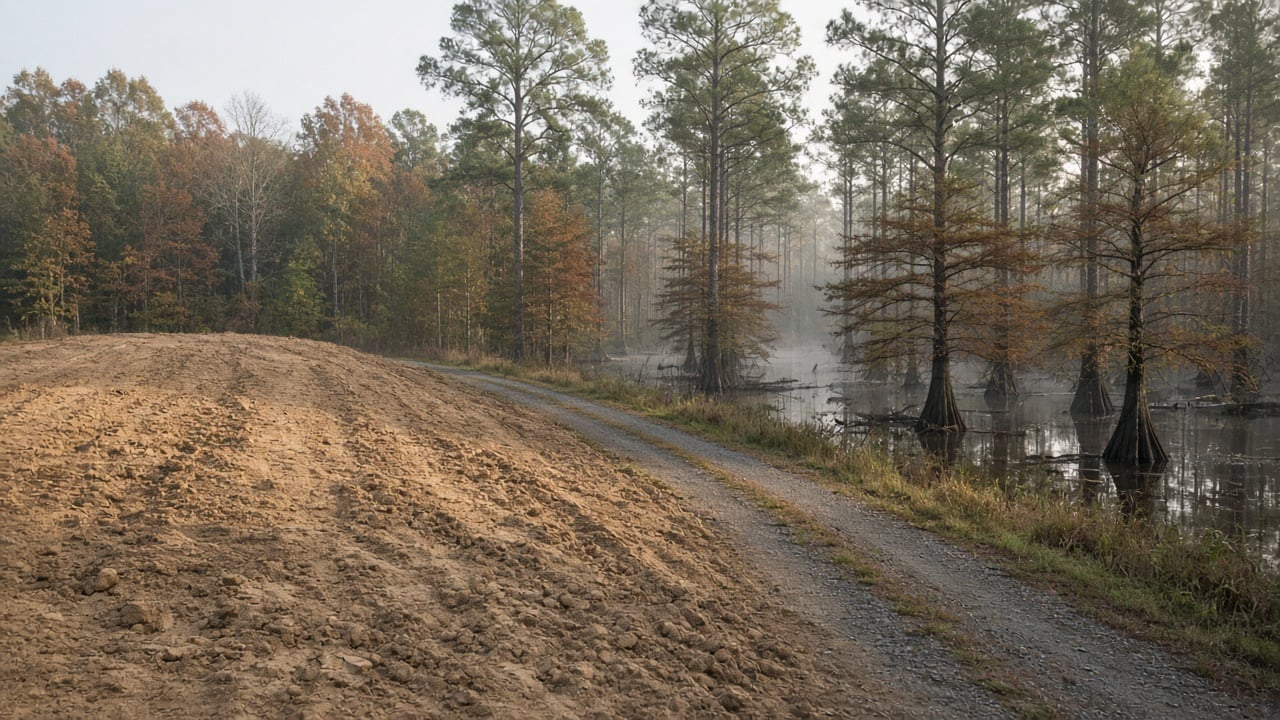 A freshly graded mound of light brown earthen fill beside a gravel road and a misty cypress swamp with tall pines in autumn colors, in rural eastern North Carolina.