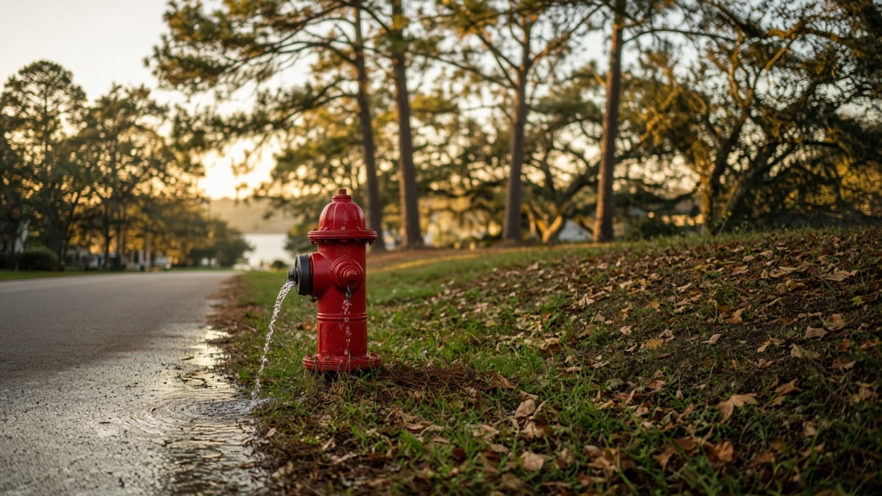 Red fire hydrant on a grassy roadside in a quiet coastal neighborhood with water flowing from its nozzle onto the road, tall pines and oak trees in soft autumn evening light