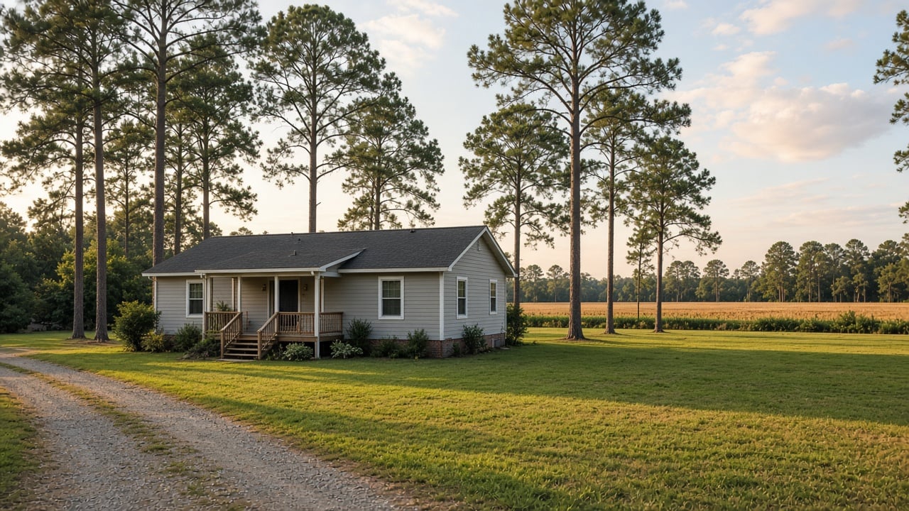 Modest one-story gray ranch home with a covered front porch on a wide green lawn, gravel driveway, tall longleaf pines and a farm field in rural Pender County at golden hour