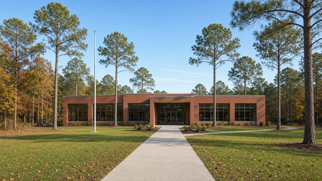 A modern single-story red brick school building with large windows, an empty front walkway and flagpole, framed by tall longleaf pines and autumn trees under a clear blue sky in rural coastal North Carolina