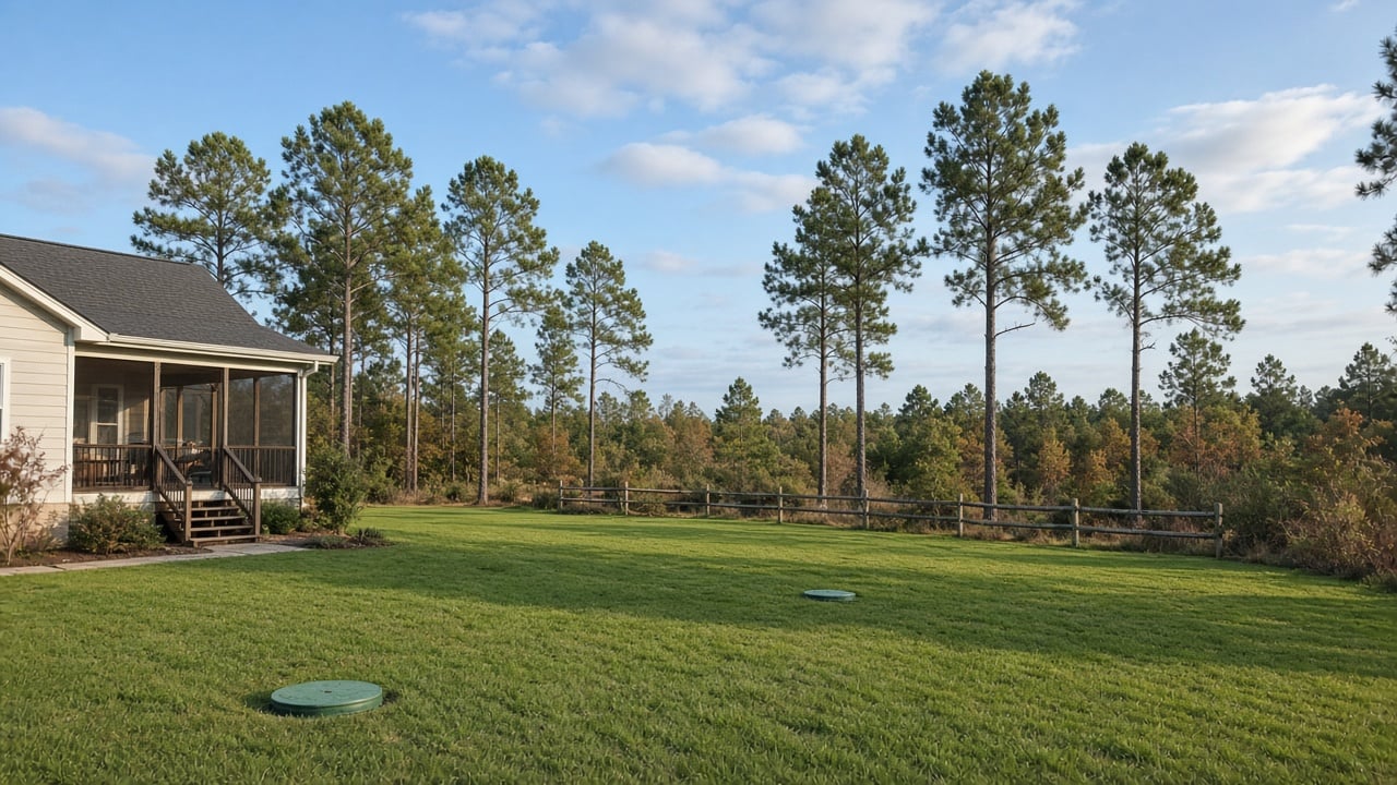 Wide green backyard of a one-story rural home with a screened back porch, two green septic tank access lids set in the mowed lawn, a split-rail fence, and tall longleaf pines under a blue sky in late afternoon light