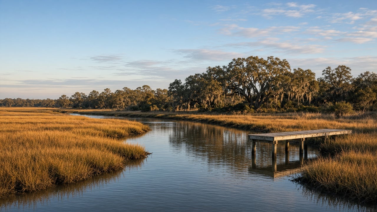 Calm tidal creek winding through golden autumn salt marsh with a weathered wooden dock and moss-draped live oaks on the far bank under a blue late-afternoon sky