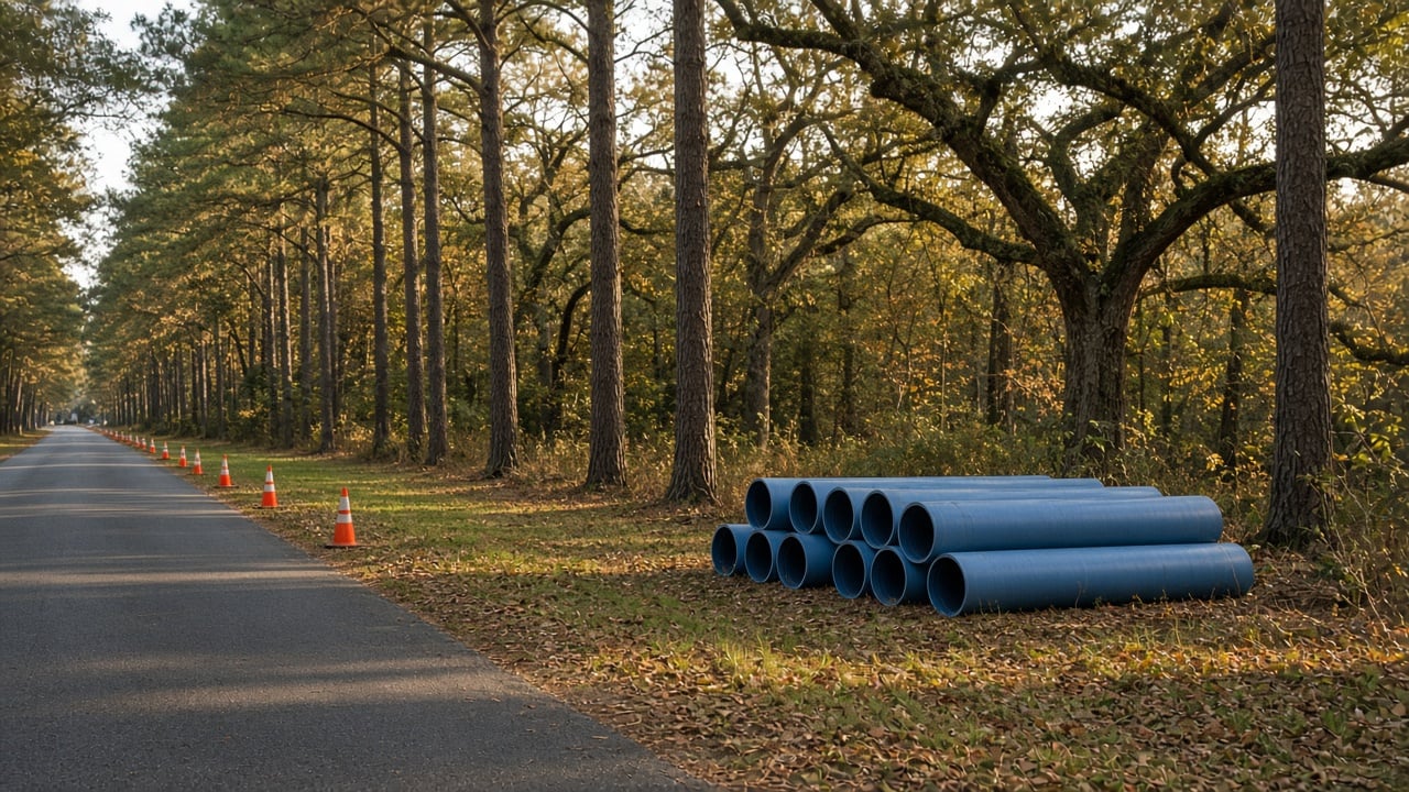 Stack of blue water main pipes on a grassy roadside shoulder beside orange traffic cones on a quiet road lined with tall pines and live oaks in autumn light in coastal North Carolina