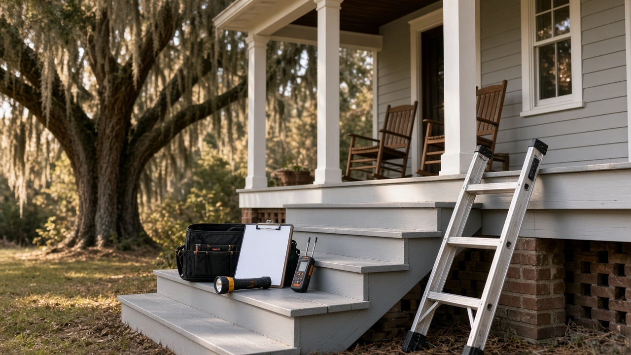 Gray coastal cottage with a white-railed front porch and rocking chairs under a moss-draped live oak, with a home inspector's tool bag, clipboard, flashlight, moisture meter, and aluminum ladder on the porch steps