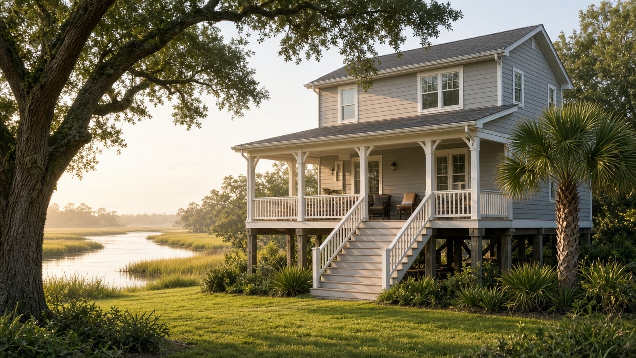 A raised coastal home on wooden pilings with gray siding, white porch railings, and wide front stairs, framed by a live oak and a palmetto tree beside a tidal creek and marsh grass in soft morning light