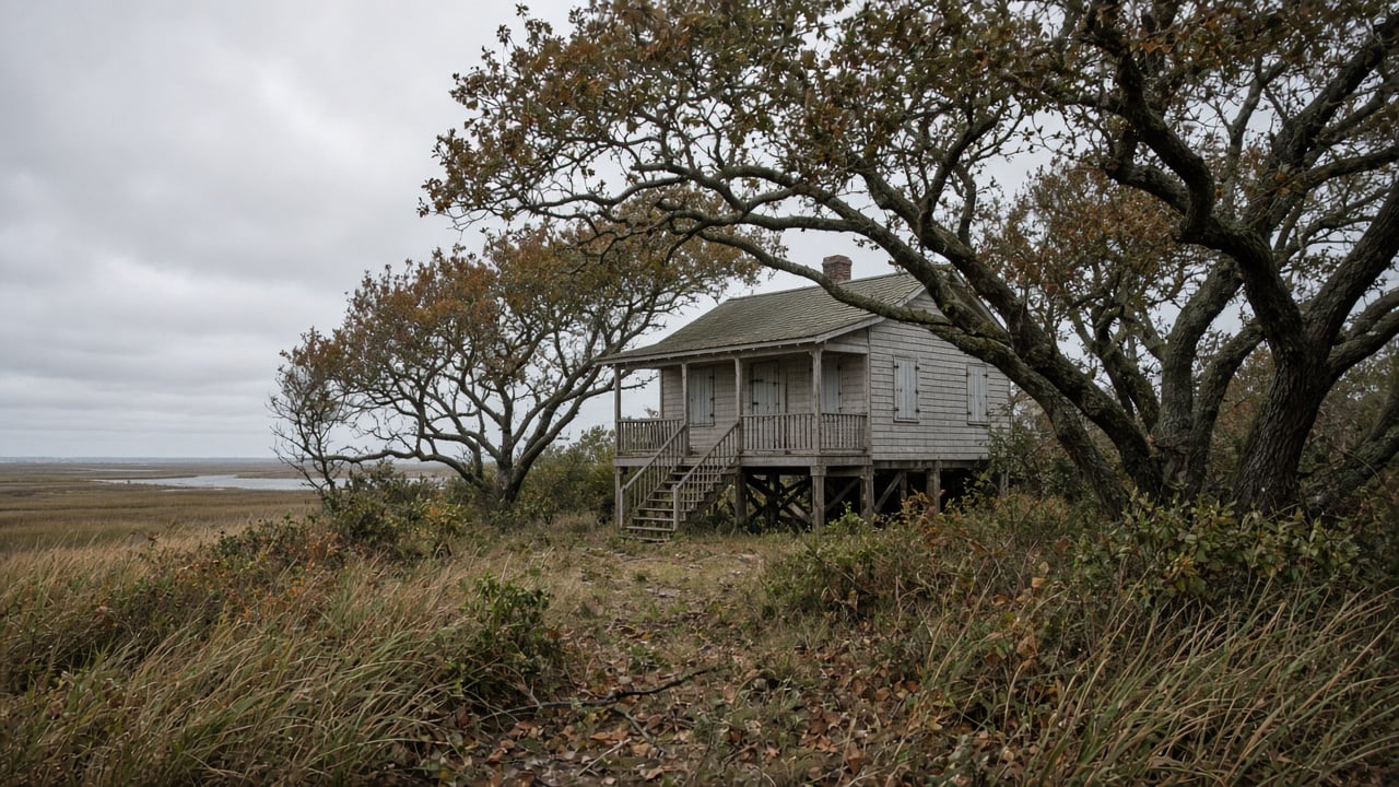 Weathered raised coastal cottage on wooden pilings beneath windswept live oaks beside a marsh under an overcast autumn sky