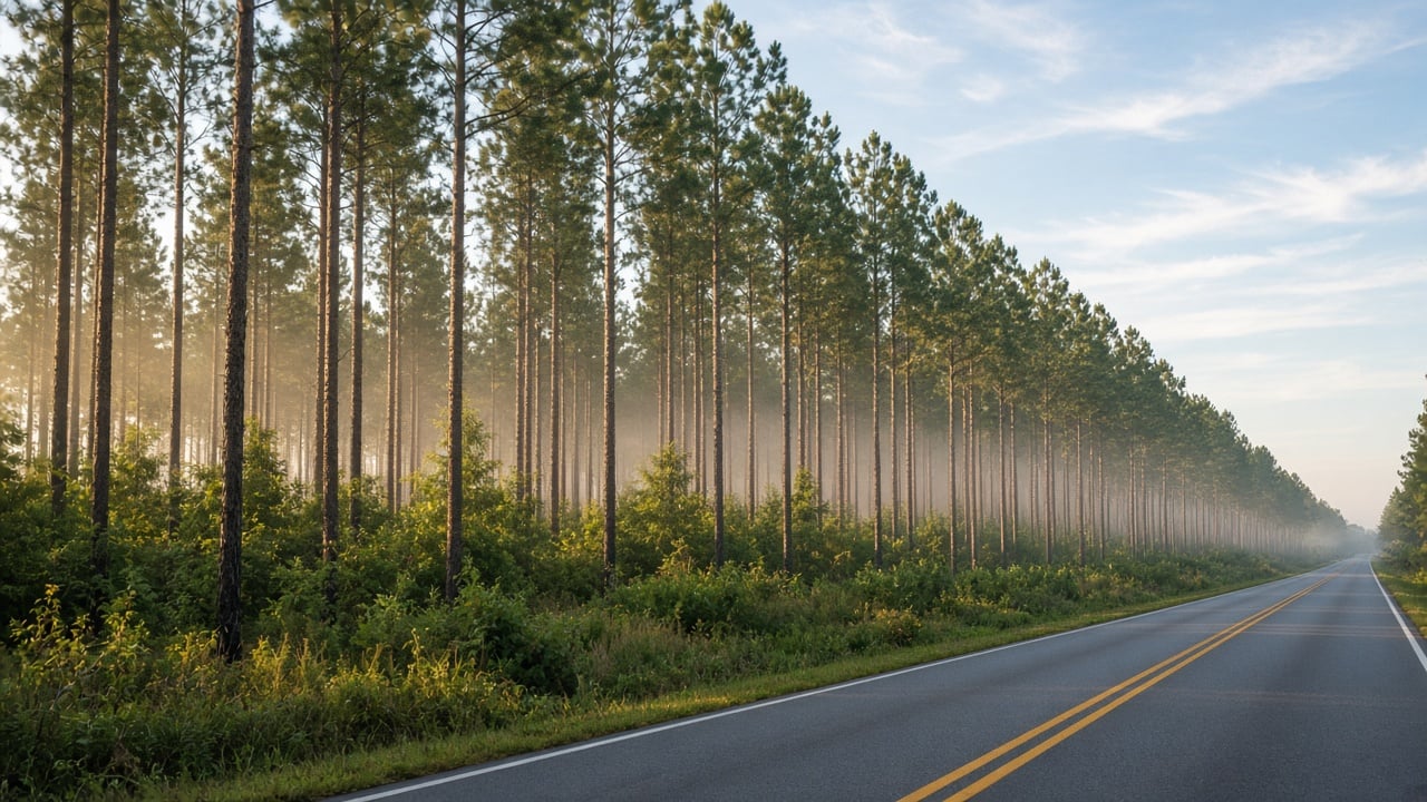 Rows of tall loblolly pines in a rural North Carolina timber stand beside a quiet two-lane country highway under a soft morning sky