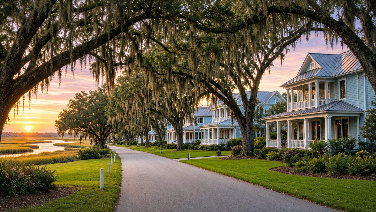 Live oaks draped in Spanish moss arching over a coastal North Carolina street of porch-front homes beside a salt marsh at sunset.