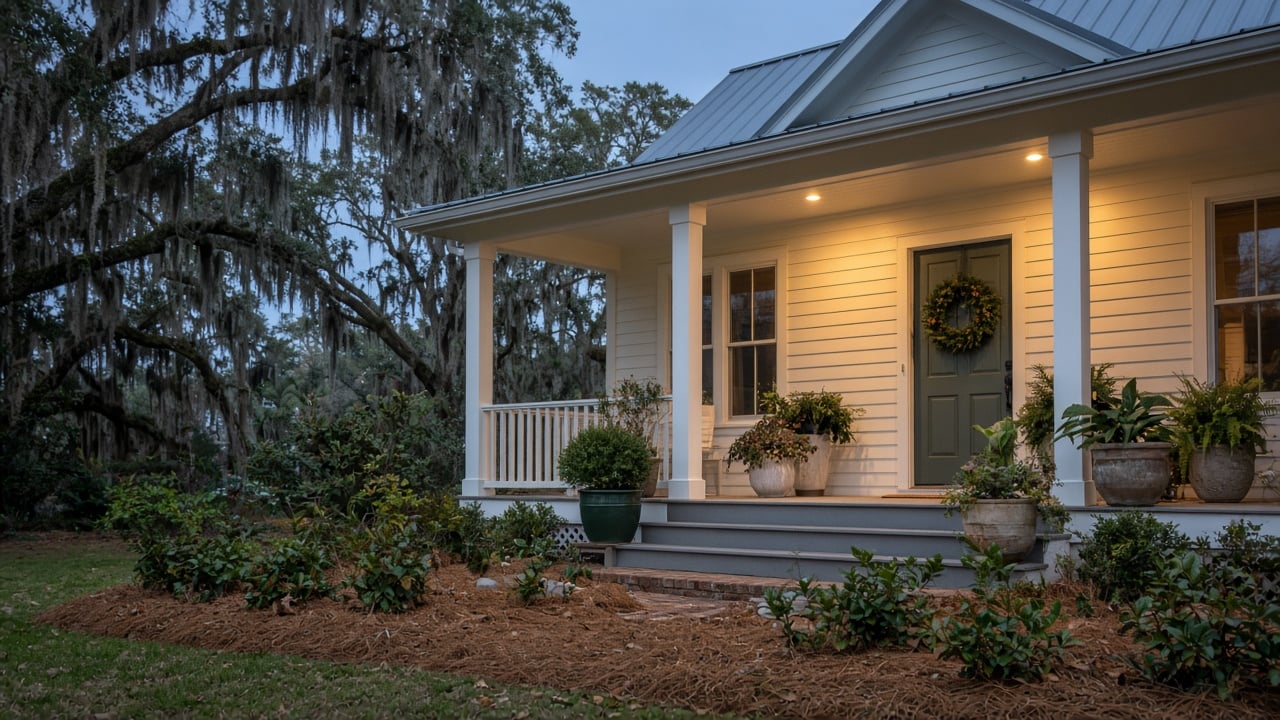 Front porch of a coastal Carolina home at dusk with warm lights glowing, a simple green wreath on the door, potted plants, pine straw beds, and live oak trees in the yard