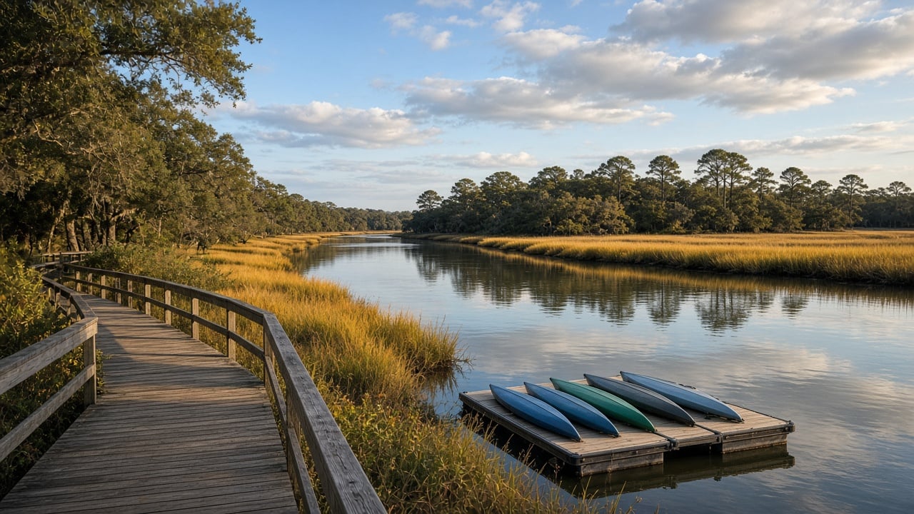 Empty wooden boardwalk along a calm tidal river with golden marsh grass, a small floating dock holding kayaks, and live oaks and pines under a blue autumn sky