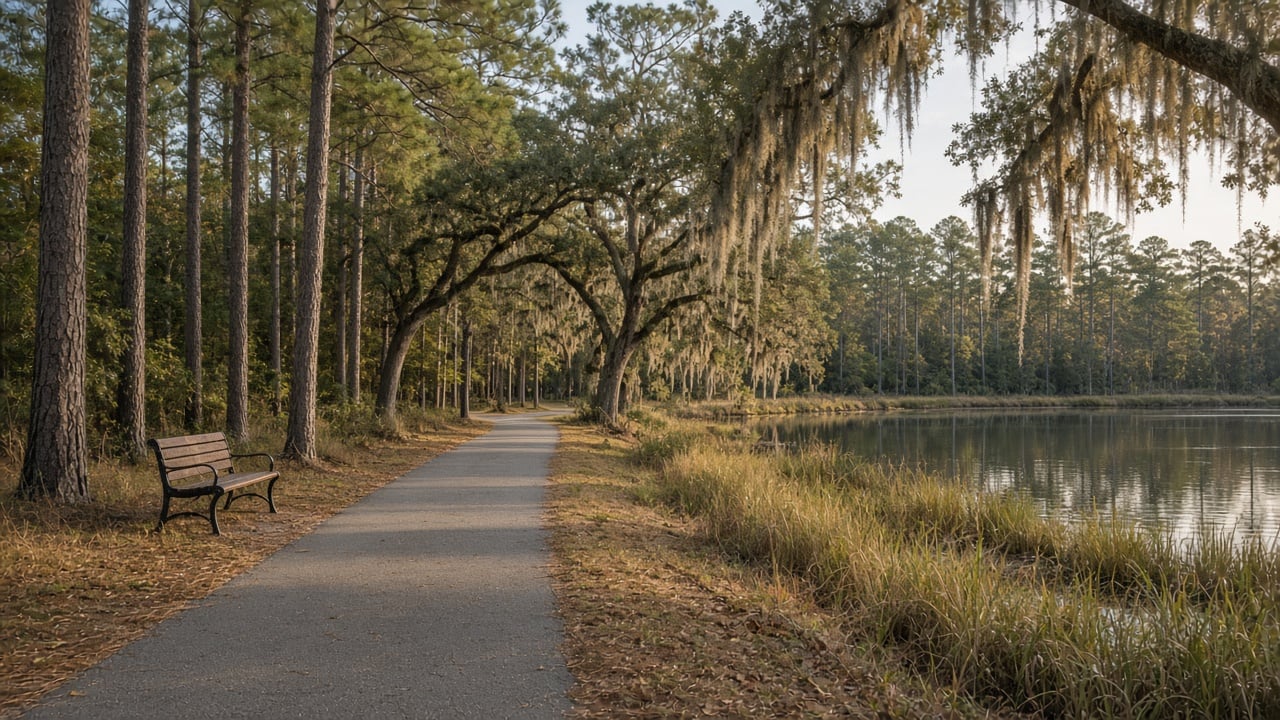 Paved walking path curving past a wooden bench beside a calm pond with marsh grass, tall longleaf pines and moss-draped live oaks in soft autumn light in coastal North Carolina