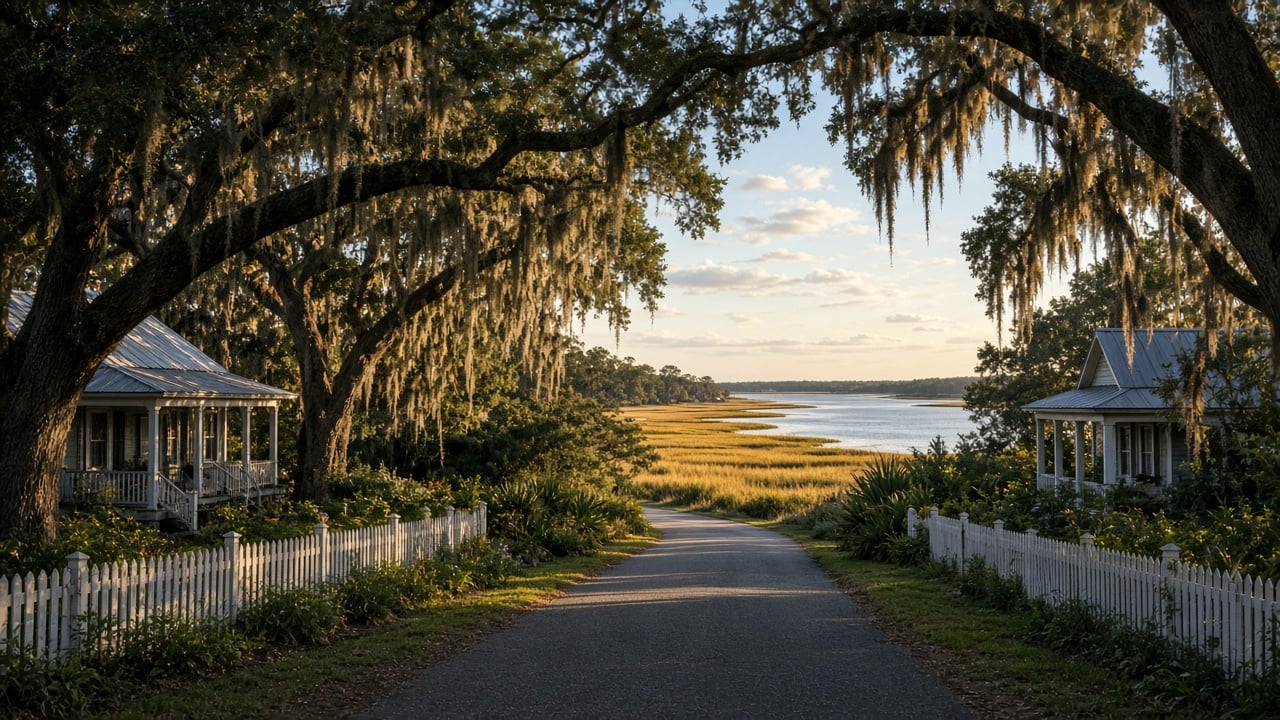 Quiet coastal neighborhood street lined with live oaks and Spanish moss leading toward a marsh and the Cape Fear River at golden hour, with low-country cottages behind picket fences