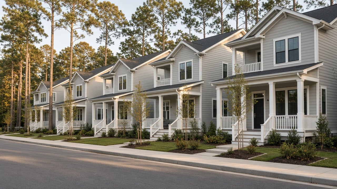 Row of newly built two-story gray townhomes with white porches and young landscaping along a quiet street beneath tall coastal pines in late-afternoon light