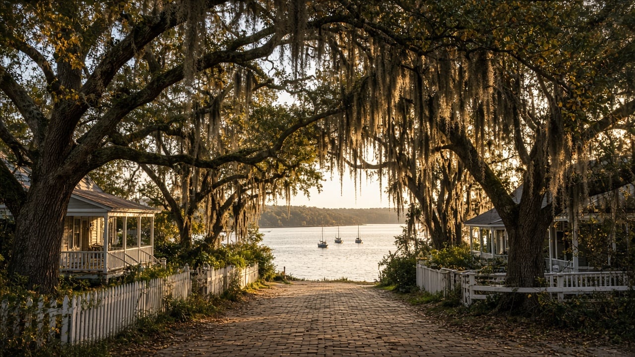Brick lane lined with moss-draped live oaks and white picket fences between porch cottages, leading to a wide river with sailboats at golden hour
