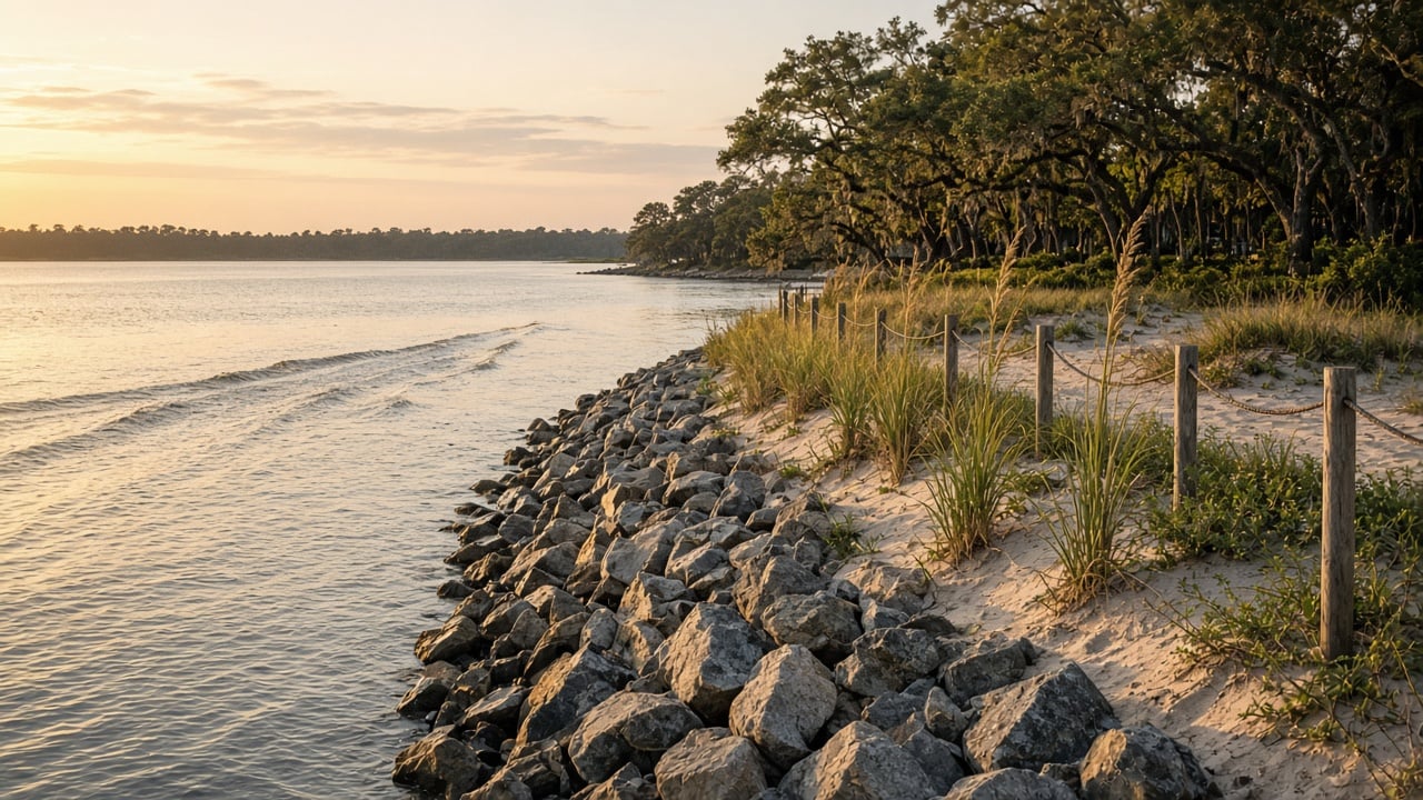Sandy river shoreline at golden hour with a new gray rock revetment along the water's edge, sea oats on a low dune behind post-and-rope fencing, and live oaks in the background