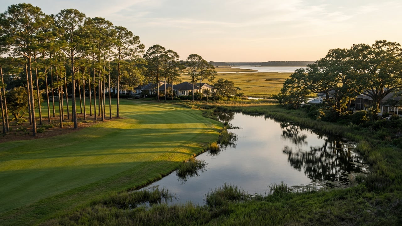 Golf fairway curving beside a calm pond lined with tall pines and live oaks, with salt marsh and the Intracoastal Waterway in the distance at golden hour in coastal Brunswick County
