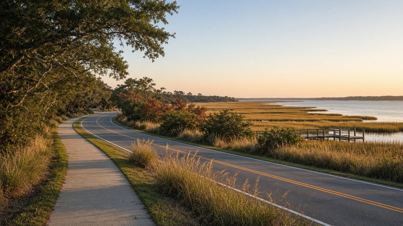 Curving sidewalk beside a quiet two-lane coastal road lined with sea oats and live oaks, with golden salt marsh, a small wooden dock, and calm Intracoastal waters at sunset