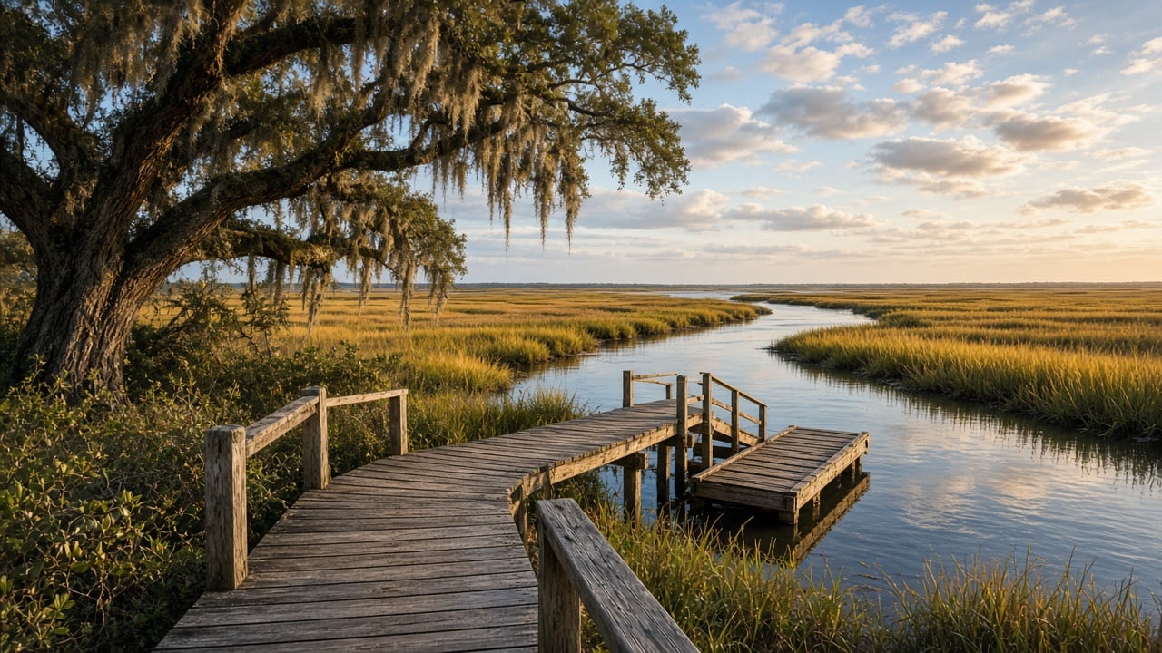 Weathered wooden boardwalk leading to a small floating dock on a calm tidal creek through golden marsh grass, framed by a large live oak draped in Spanish moss at sunset on a North Carolina barrier island