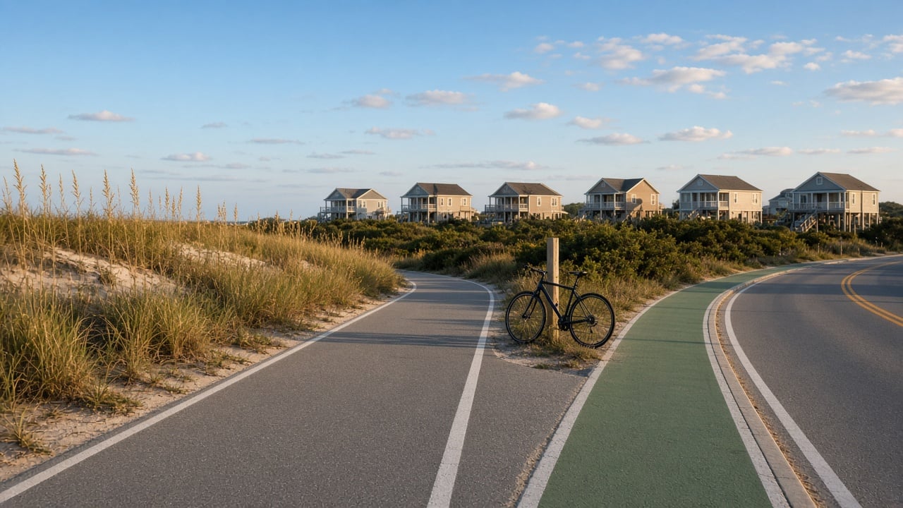 Paved multi-use path and green bike lane curving beside a coastal road with sea oats and dunes, a bicycle leaning on a wooden post, and raised beach cottages in the distance at golden hour